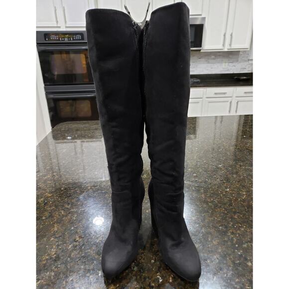 Veira Knee High Boots Womens 8 Black Solid Suede Round Toe Block Heel Side Zip - Picture 1 of 9